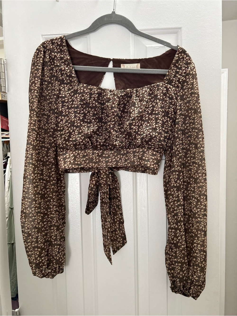 Altar'd State Brown Floral Tie-Front Long Sleeve Crop Top